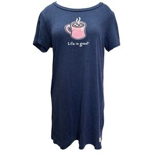 Life is Good Sleep Shirt Women Large Blue Hot Cocoa Mug Graphic Nightgown